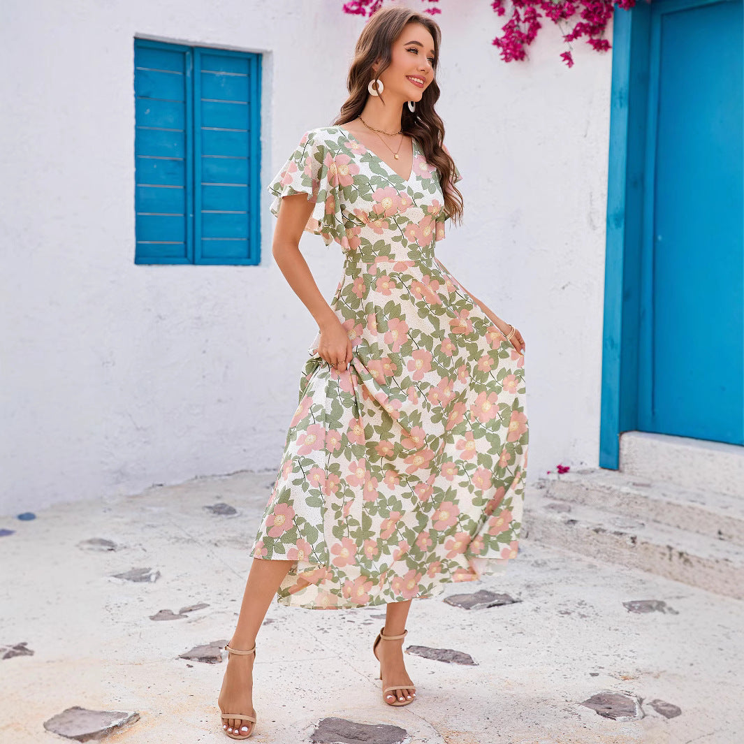 Damen Maxikleid mit femininem V-Ausschnitt und Rüschendetails Sovae