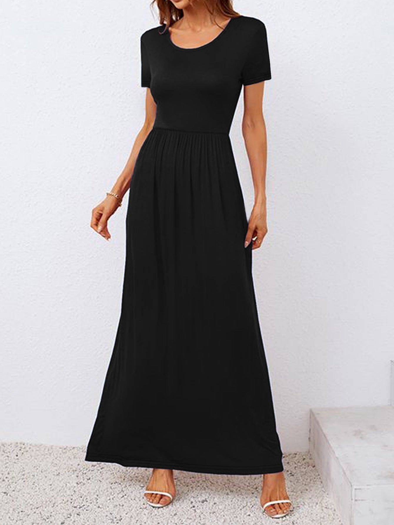 Damen Komfortables Maxikleid mit kurzen Ärmeln und elastischer Taille Sovae