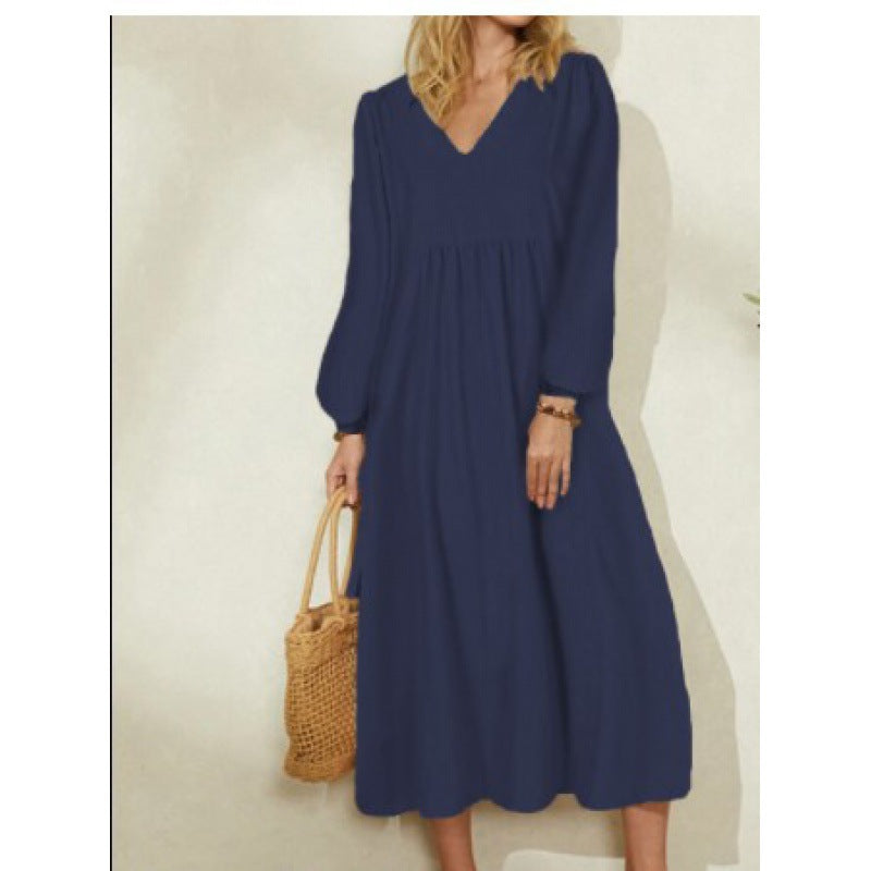 Damen Maxikleid mit elegantem V-Ausschnitt und eleganten Puffärmeln Sovae