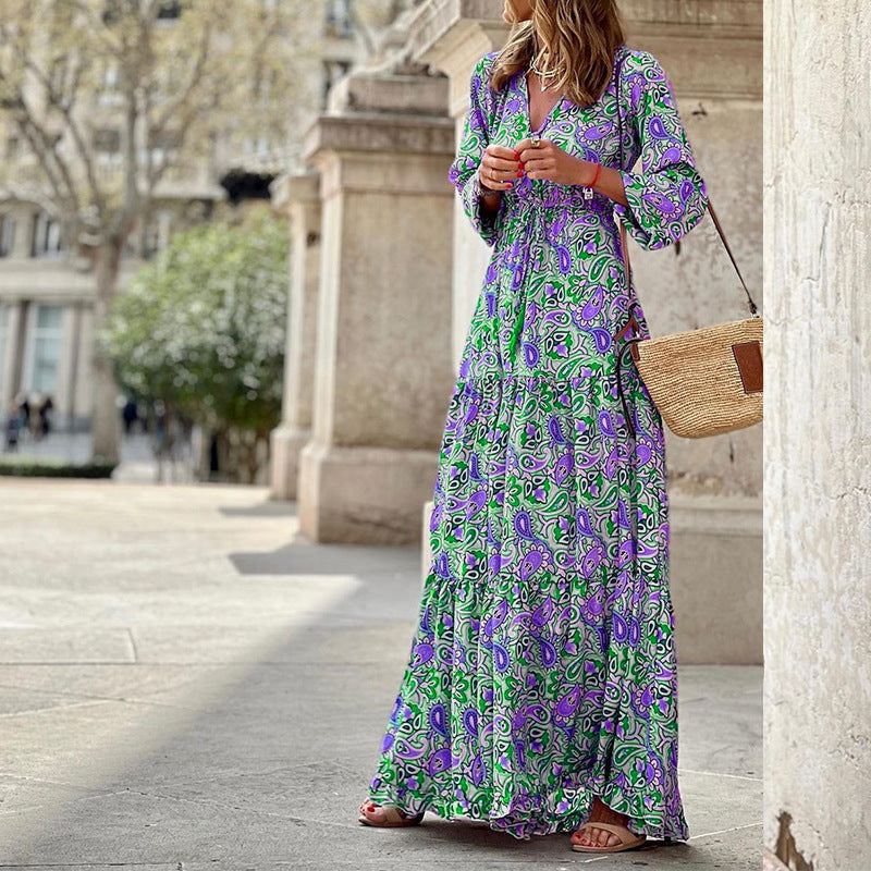 Damen Maxikleid mit gebundenem V-Ausschnitt und voluminösen Ärmeln Sovae