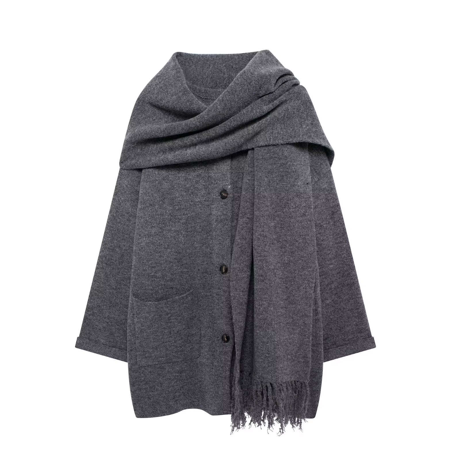 Damen stylische Strickjacke mit Schal und Knopfdetails Sovae