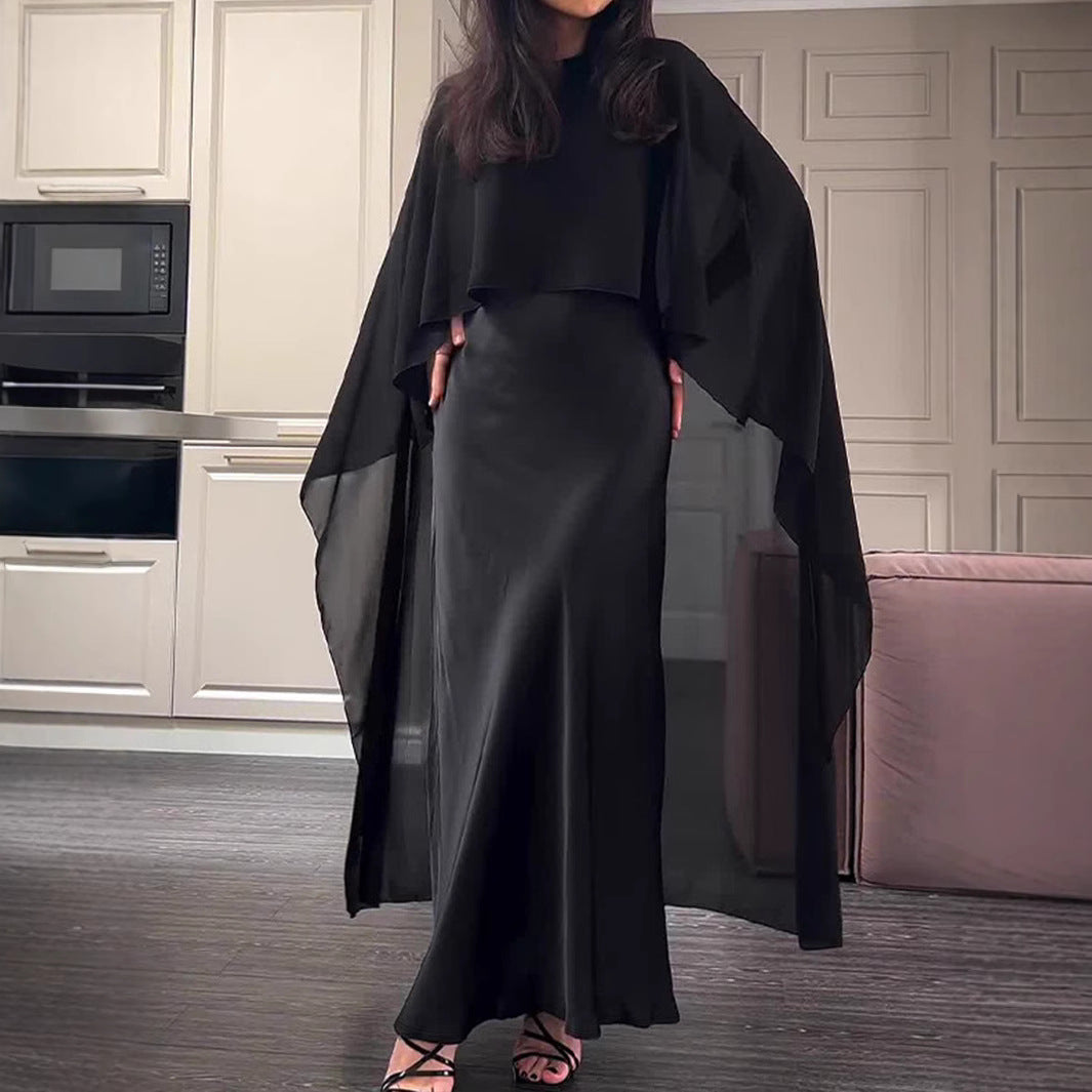 Damen Maxikleid mit fließendem Satin und transparentem Überwurf Sovae
