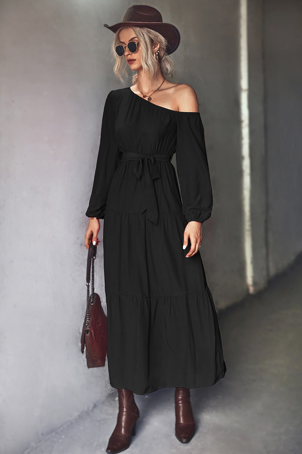 Damen Langarm Maxikleid mit asymmetrischem Schnitt und tailliertem Gürtel Sovae