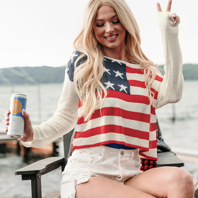 Damen lässiger Pullover mit Flaggenmuster und weiten Ärmeln Sovae