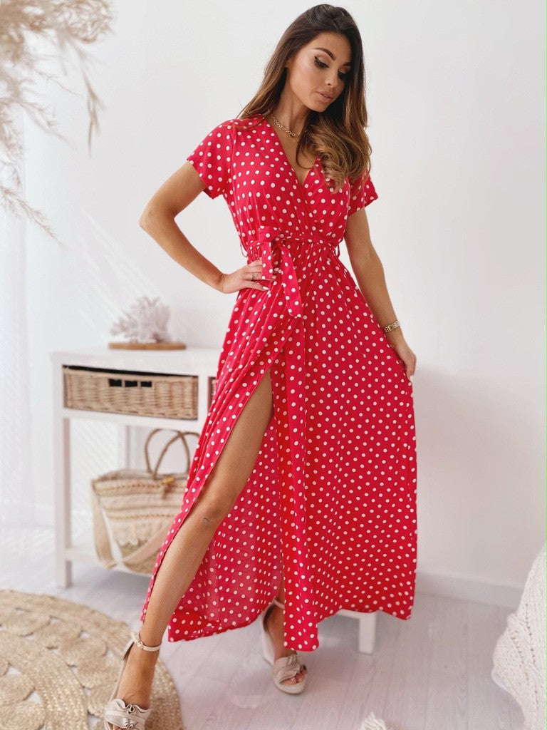 Damen Polka-Dot Maxikleid mit seitlichem Schlitz und gebundenem Bund Sovae