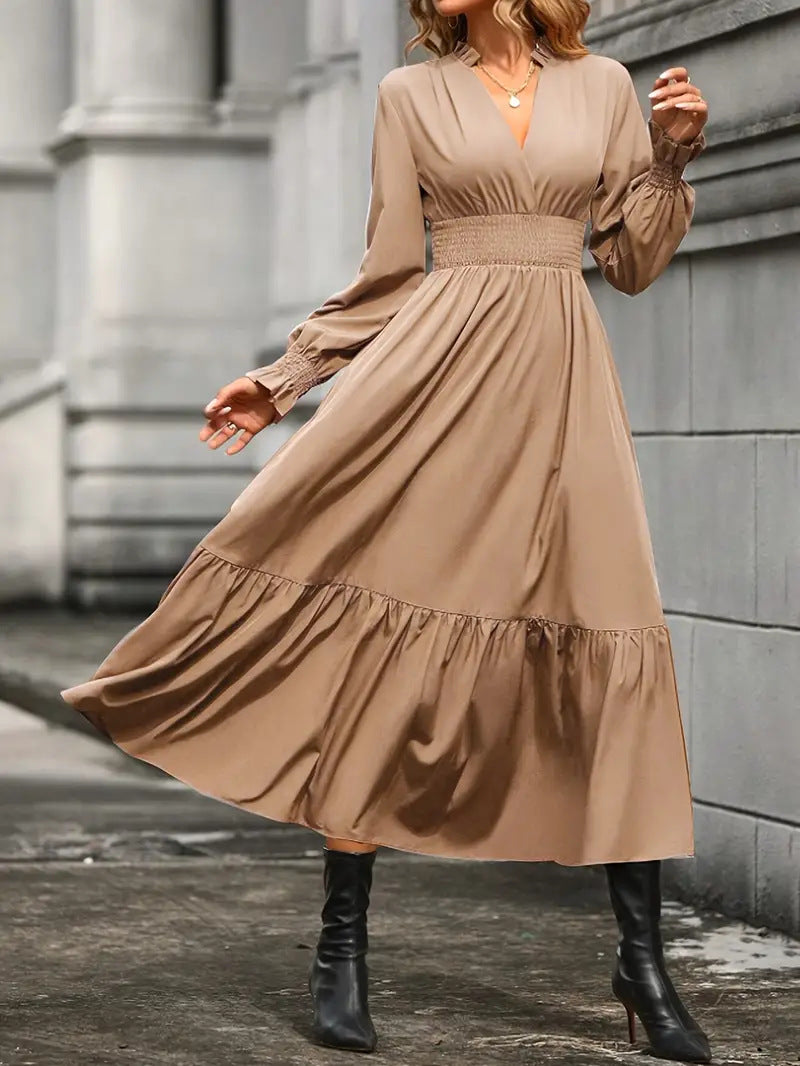 Damen Maxikleid mit elegantem V-Ausschnitt und voluminösen Ärmeln Sovae