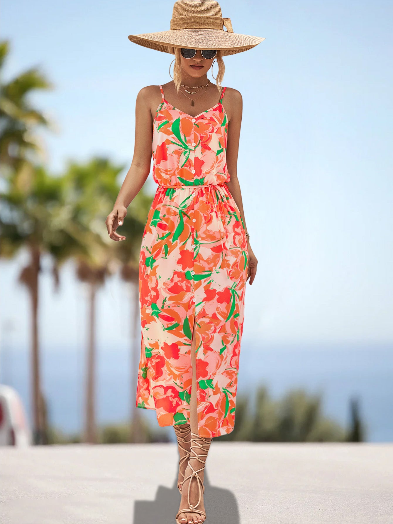 Damen Maxikleid mit floralem Design und elastischem Taillenbund Sovae