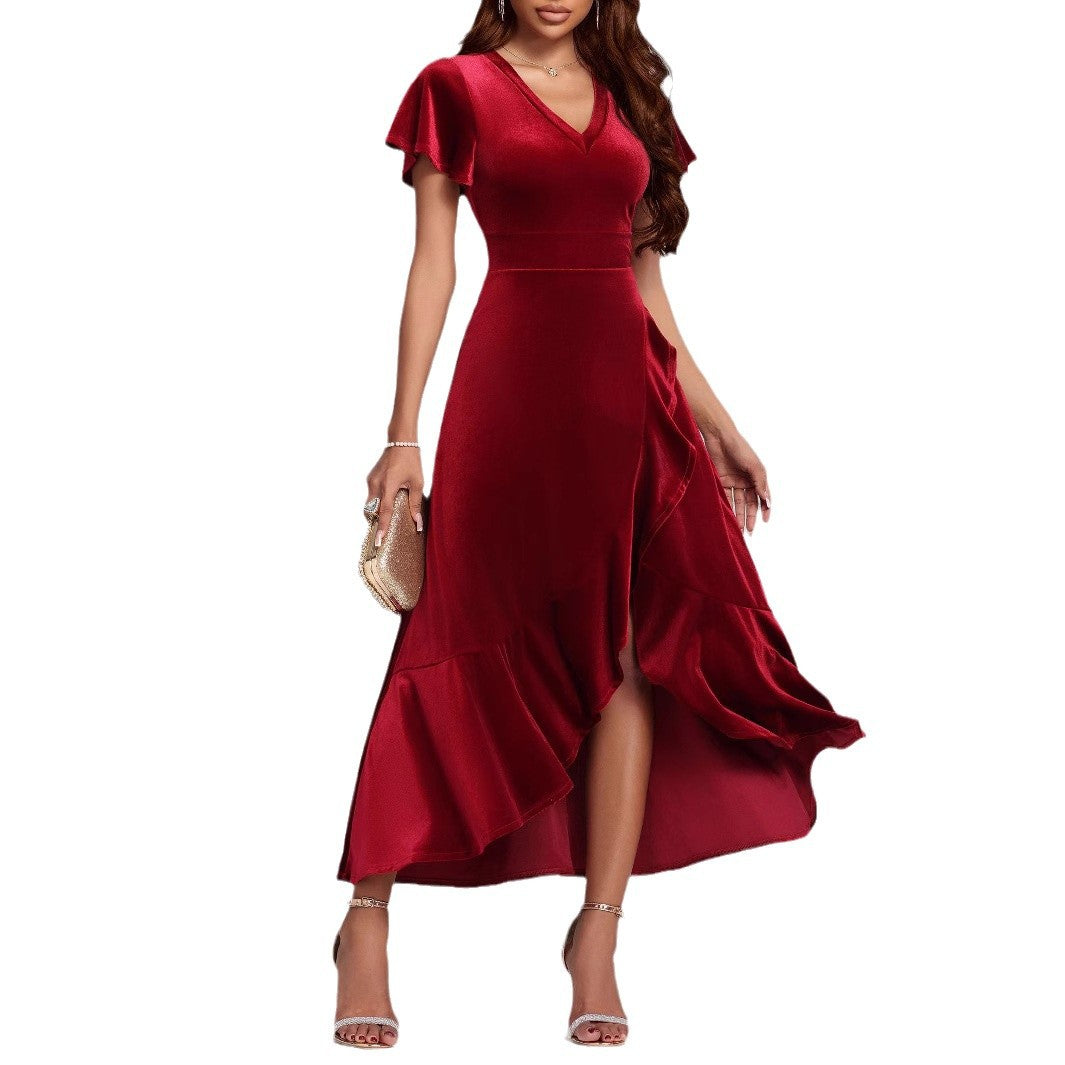 Damen elegantes Maxikleid mit Rüschenärmel und asymmetrischem Saum Sovae