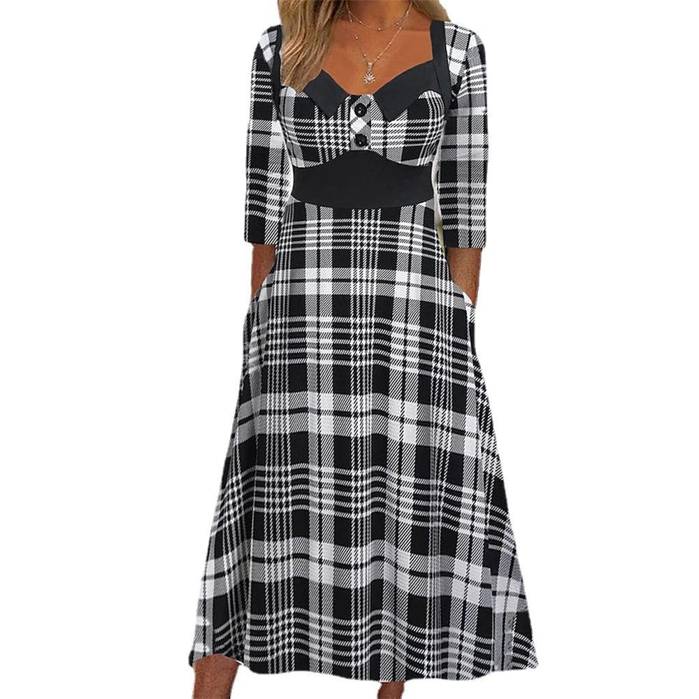 Damen Karierter Maxikleid mit Knopfleiste und praktischen Taschen Sovae