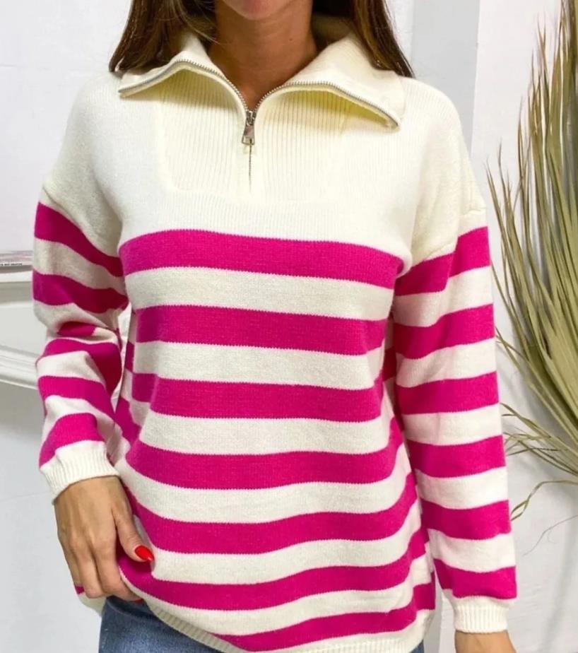 Damen gemusterter Pullover mit Stehkragen und Reißverschluss Sovae