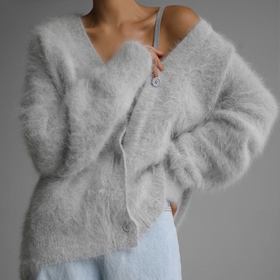 Damen kuschelige Strickjacke mit weichem Mohair-Mix und eleganter Knopfleiste Sovae