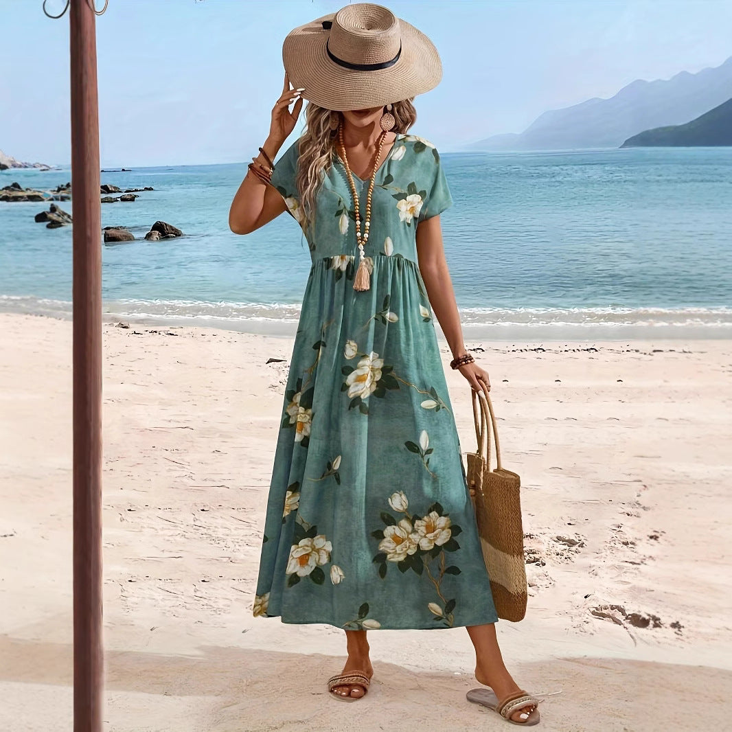 Damen Maxikleid mit floralem Design und elastischem Taillenband Sovae