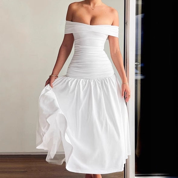 Damen Hochwertiges Off-Shoulder Maxikleid mit tailliertem Schnitt und fließendem Rock Sovae