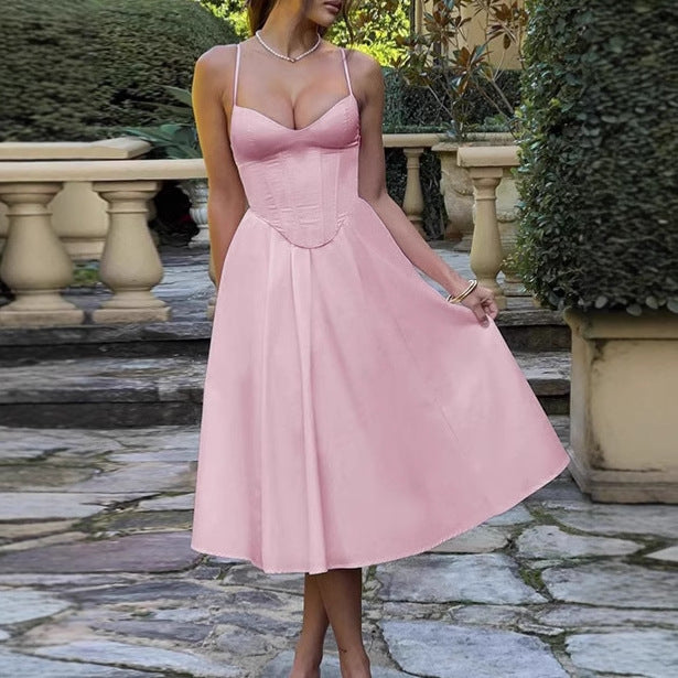 Damen Elegantes A-Linien Midi-Kleid mit Spaghettiträgern und weichem Stoff Sovae