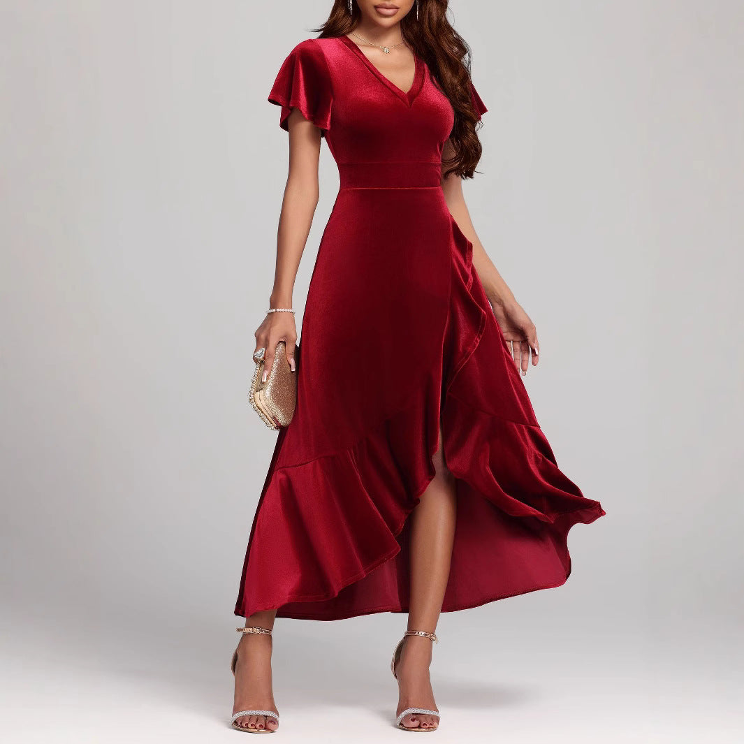 Damen elegantes Maxikleid mit Rüschenärmel und asymmetrischem Saum Sovae