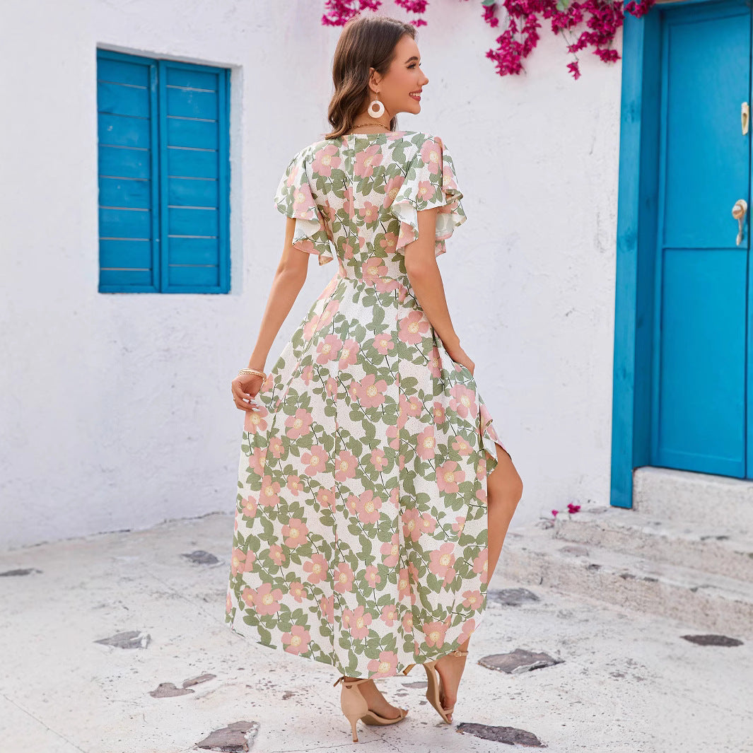 Damen Maxikleid mit femininem V-Ausschnitt und Rüschendetails Sovae