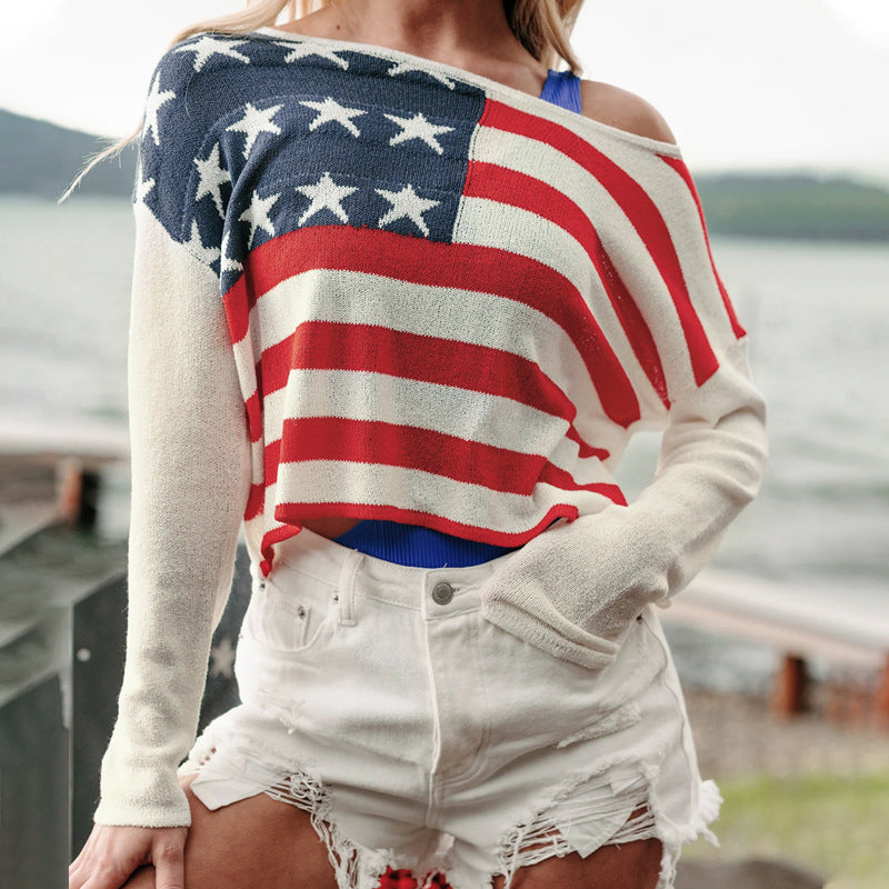 Damen lässiger Pullover mit Flaggenmuster und weiten Ärmeln Sovae
