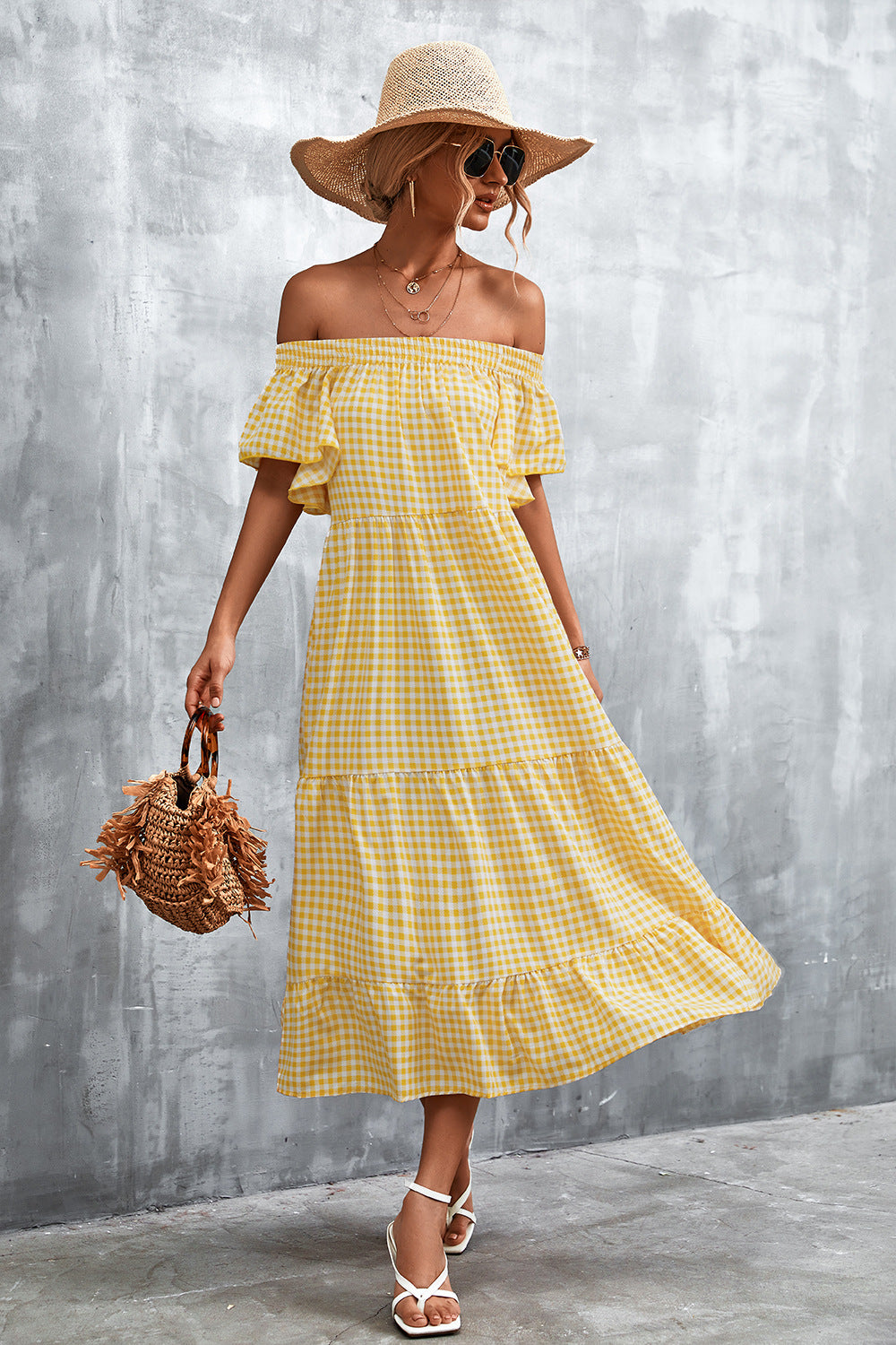 Damen Fließendes Maxikleid mit off-shoulder Design und Rüschensaum Sovae