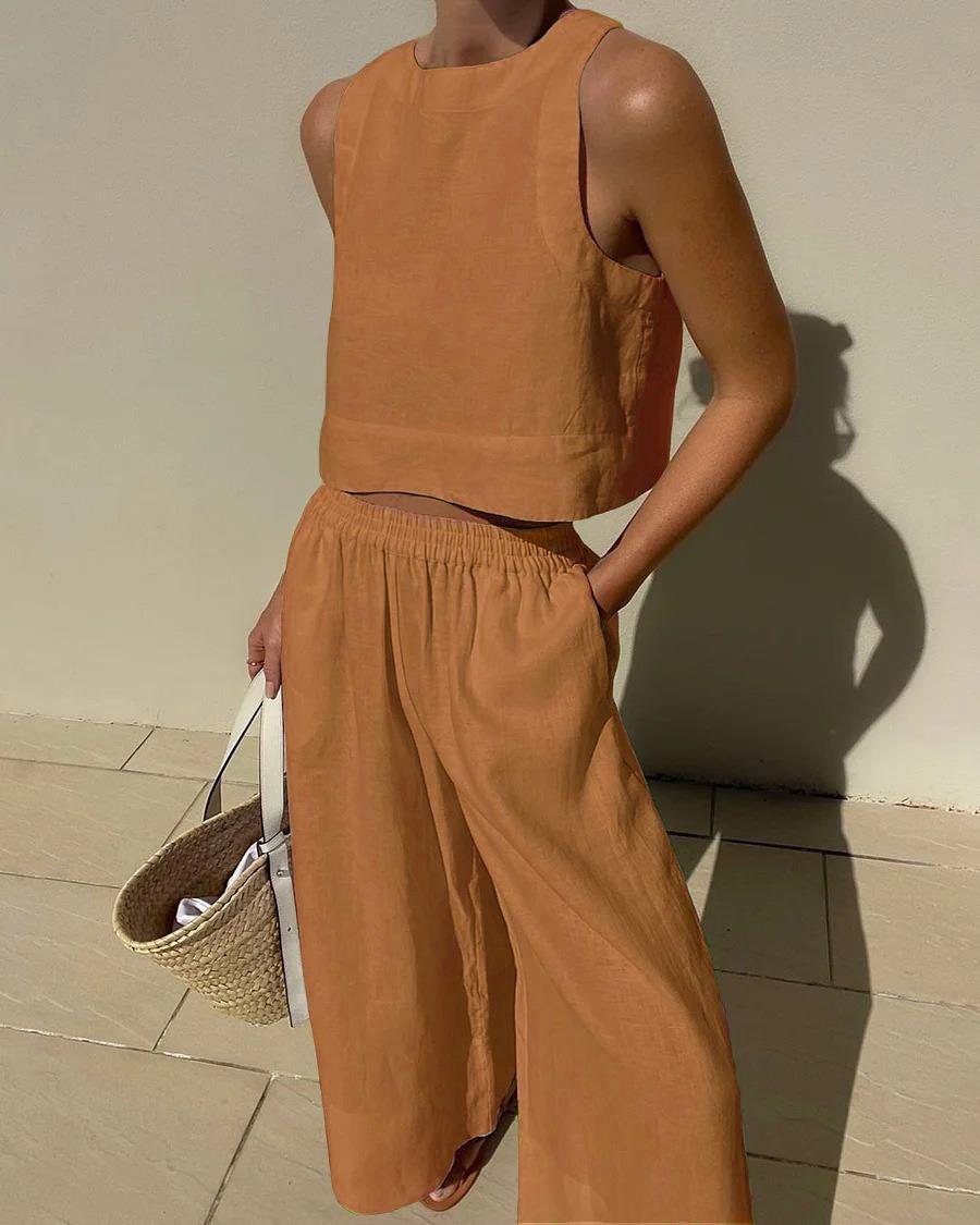 Damen luftiges und modernes Leinen-Set mit Cropped Top und weitem Hose Sovae