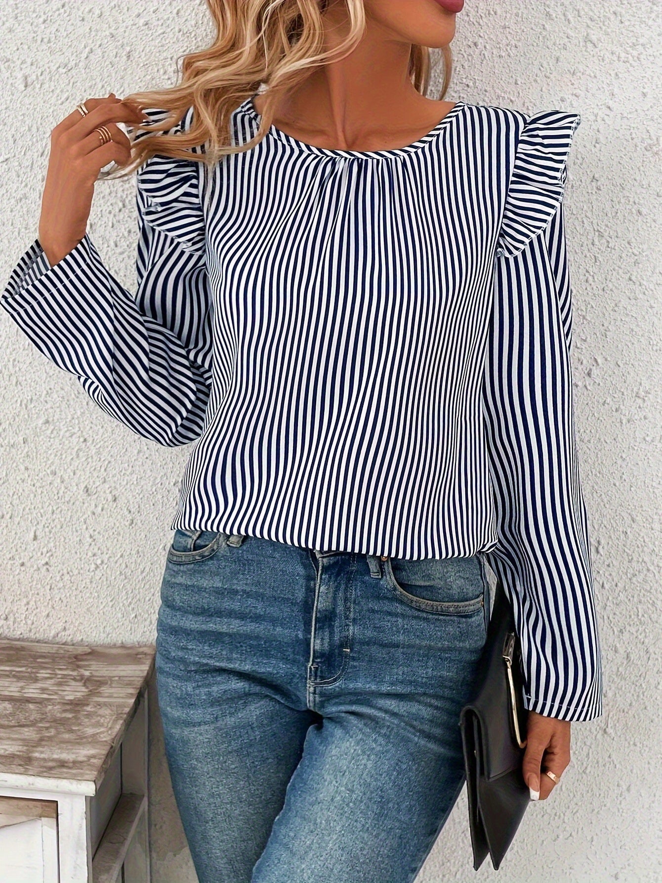 Damen Bluse mit Rüschen und gestreiftem Design Sovae