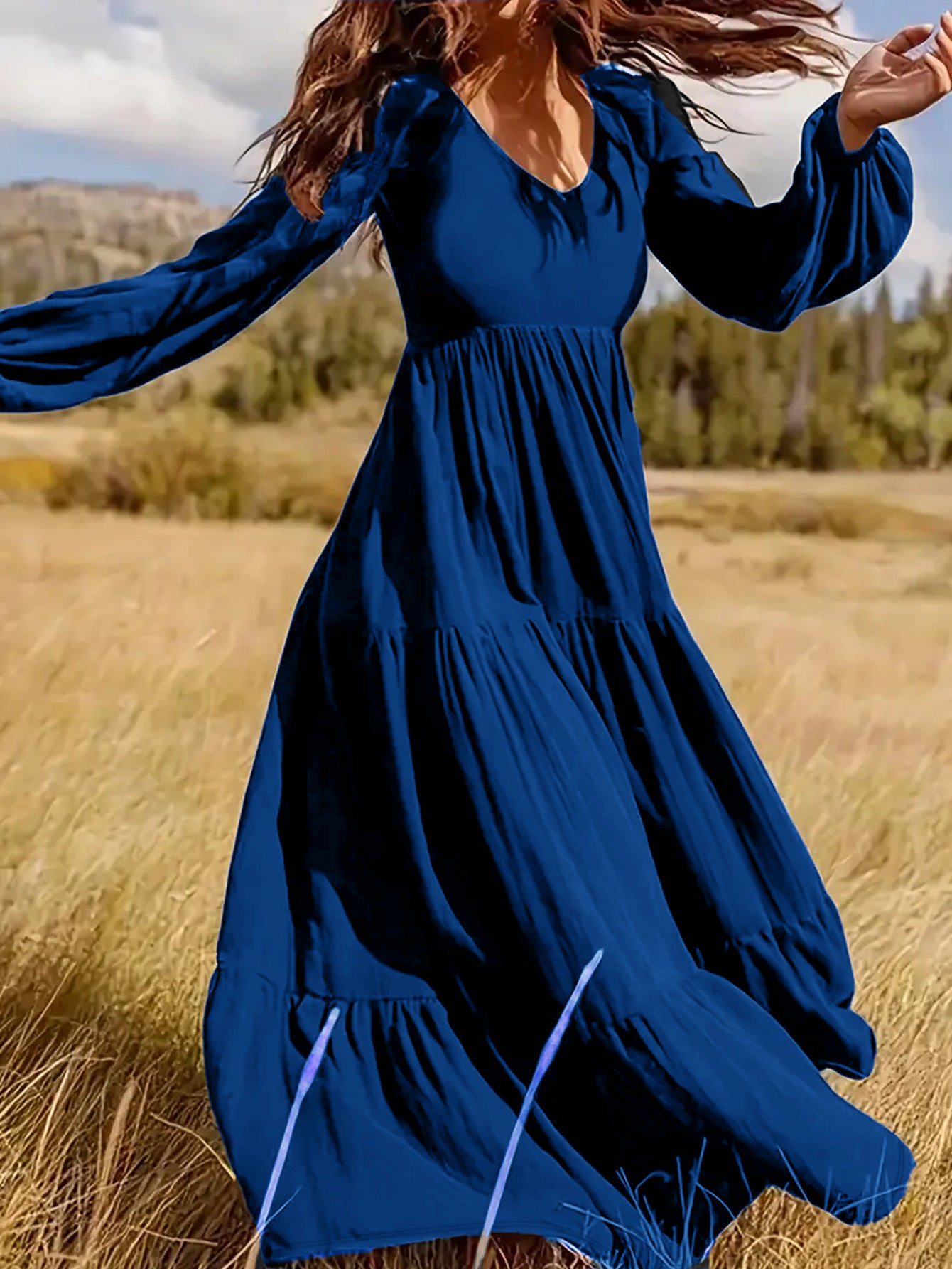 Damen fließendes Maxikleid mit V-Ausschnitt und eleganten Puffärmeln Sovae