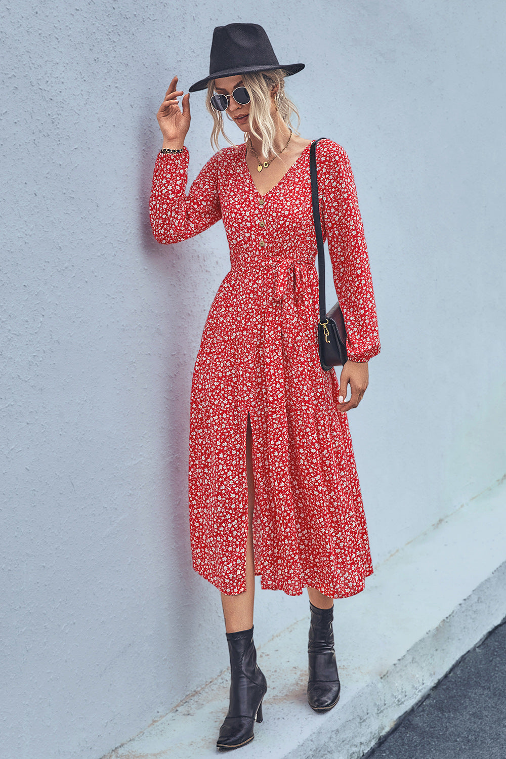 Damen Maxikleid mit elastischem Taillenbund und floralen Mustern Sovae