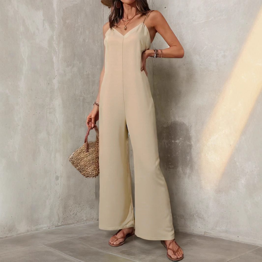 Damen weiterbeiniges Jumpsuit mit eleganter V-Ausschnitt Sovae