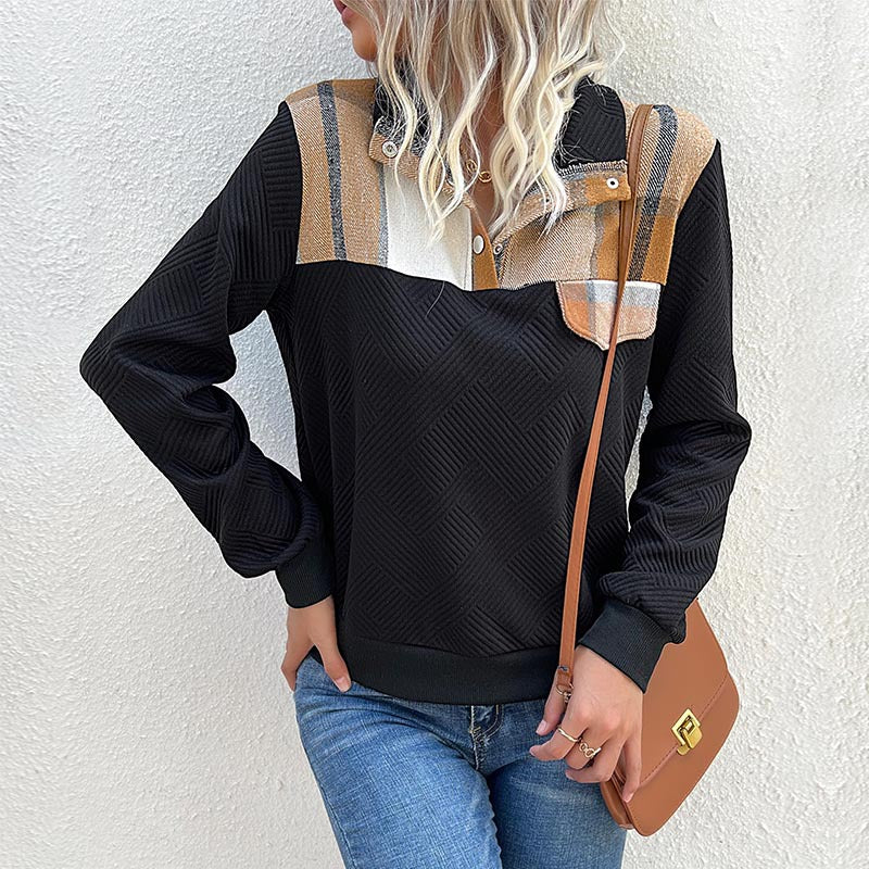 Damen lässiger Pullover mit modernem Kragen und dekorativem Patch Sovae