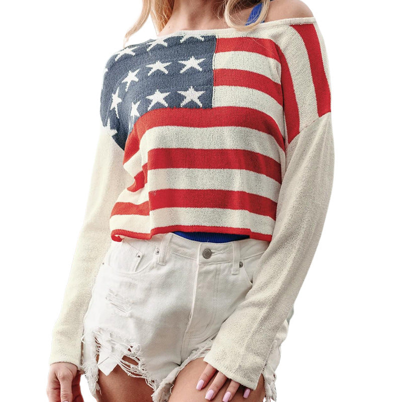 Damen lässiger Pullover mit Flaggenmuster und weiten Ärmeln Sovae