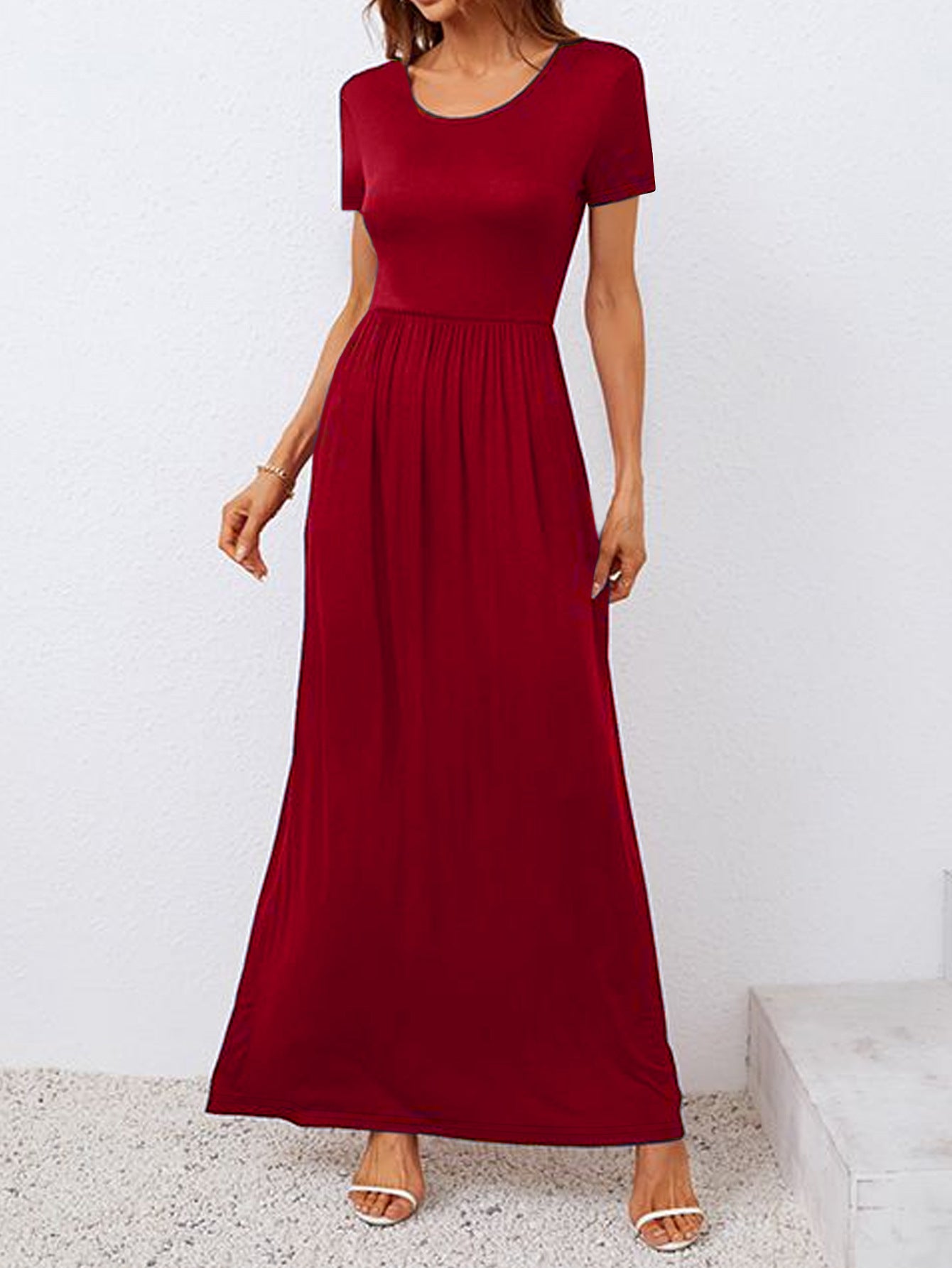 Damen Komfortables Maxikleid mit kurzen Ärmeln und elastischer Taille Sovae