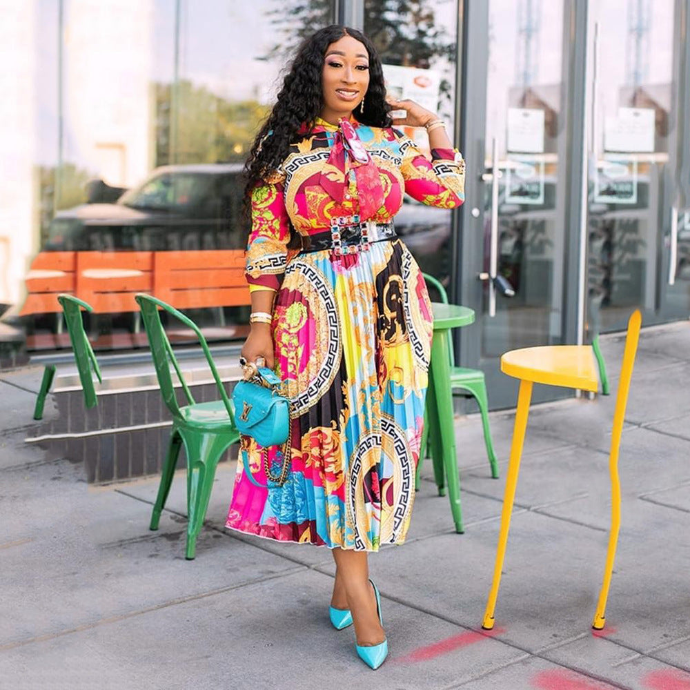 Damen Glamouröses Maxi-Kleid mit buntem Print und Taillengürtel Sovae