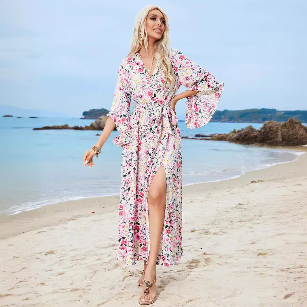 Damen Langarm Maxikleid mit floralem Design und Schlitz Sovae