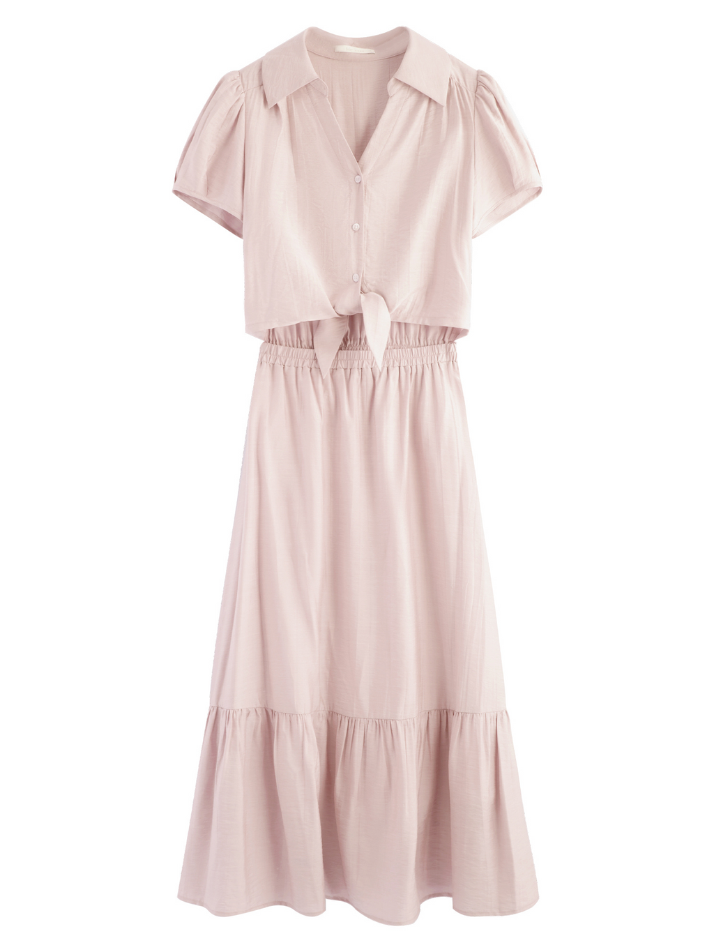 Produktbild: Rosa Hemdkleid mit kurzen Ärmeln und Taillengürtel auf weißem Hintergrund
