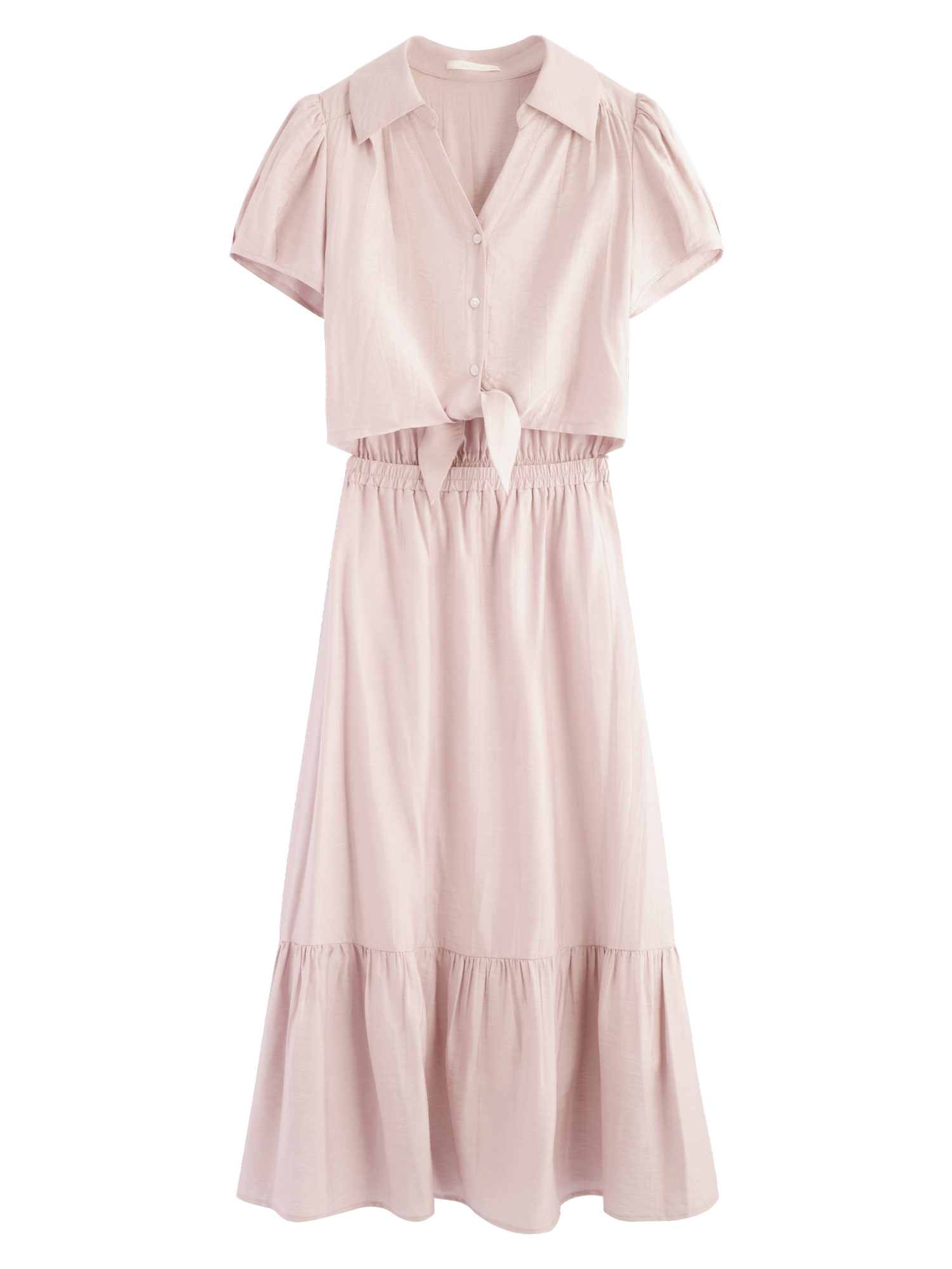 Produktbild: Rosa Hemdkleid mit kurzen Ärmeln und Taillengürtel auf weißem Hintergrund