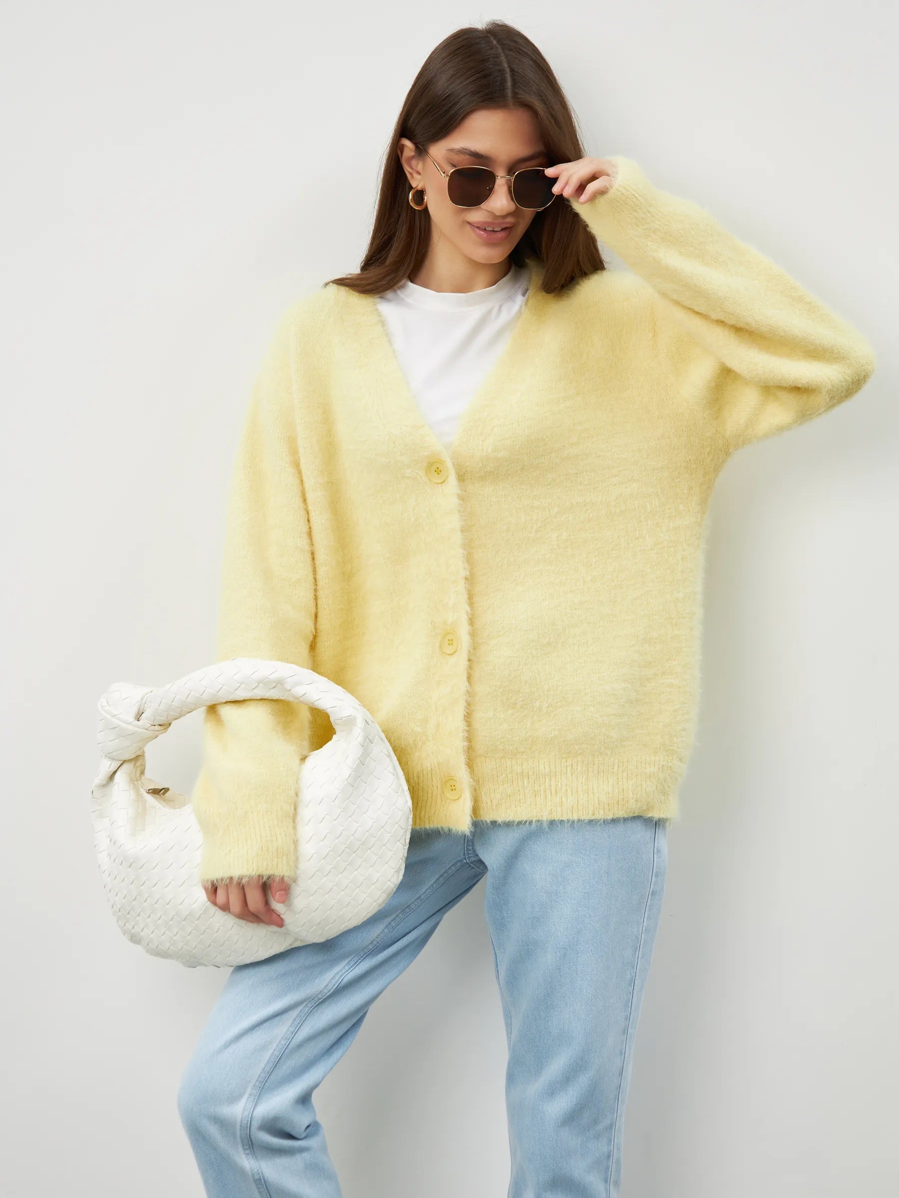 Damen kuschelige Strickjacke mit weichem Mohair-Mix und eleganter Knopfleiste