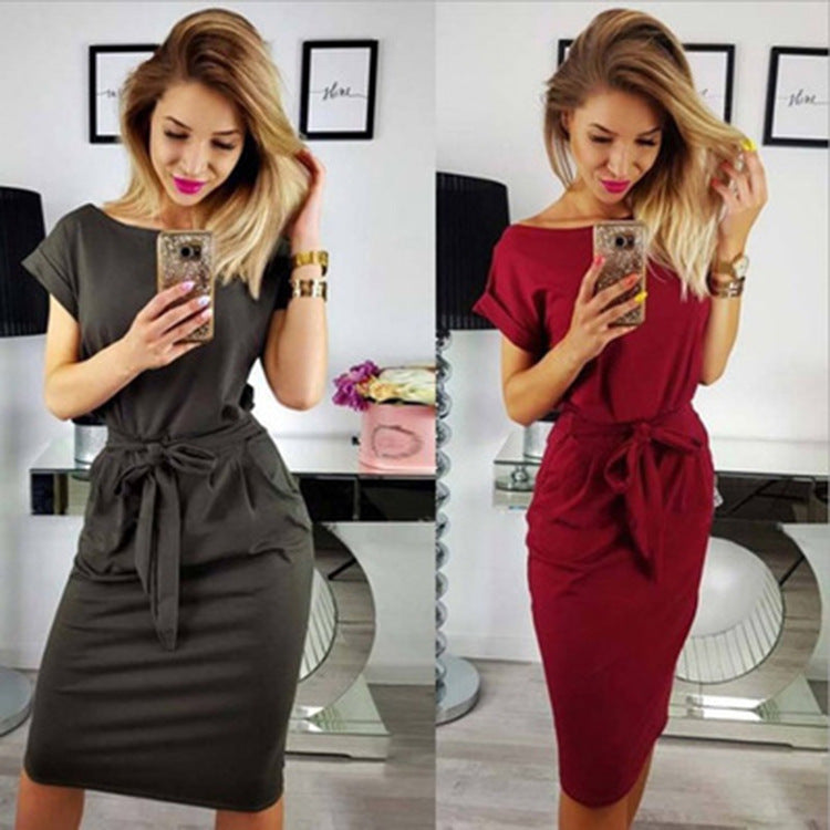 Damen Midi-Kleid mit Taillengürtel und kurzen Ärmeln Sovae