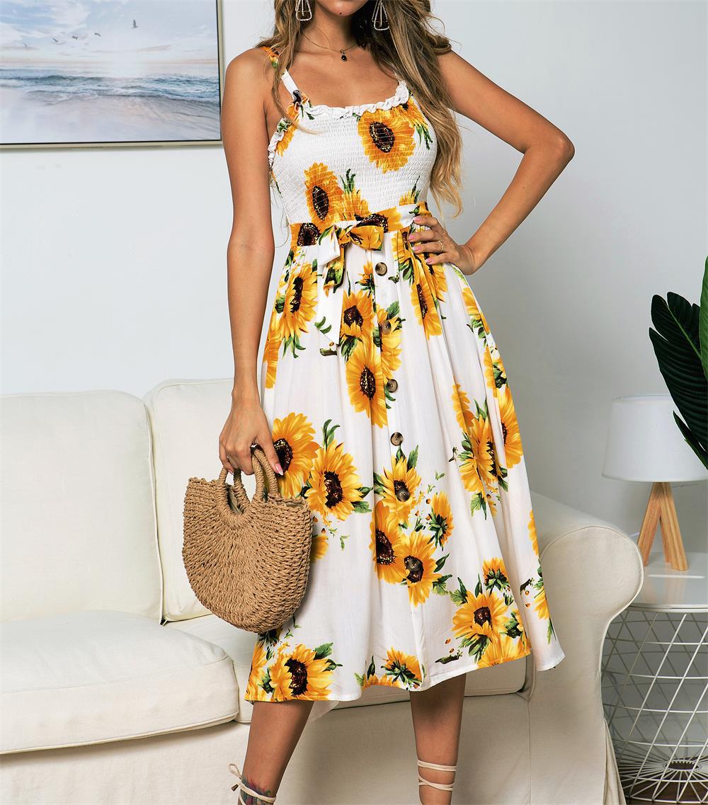 Damen Midikleid mit floralem Design und elastischem Taillengürtel Sovae