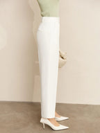 Side view of white trousers with clean hem and pointed heels