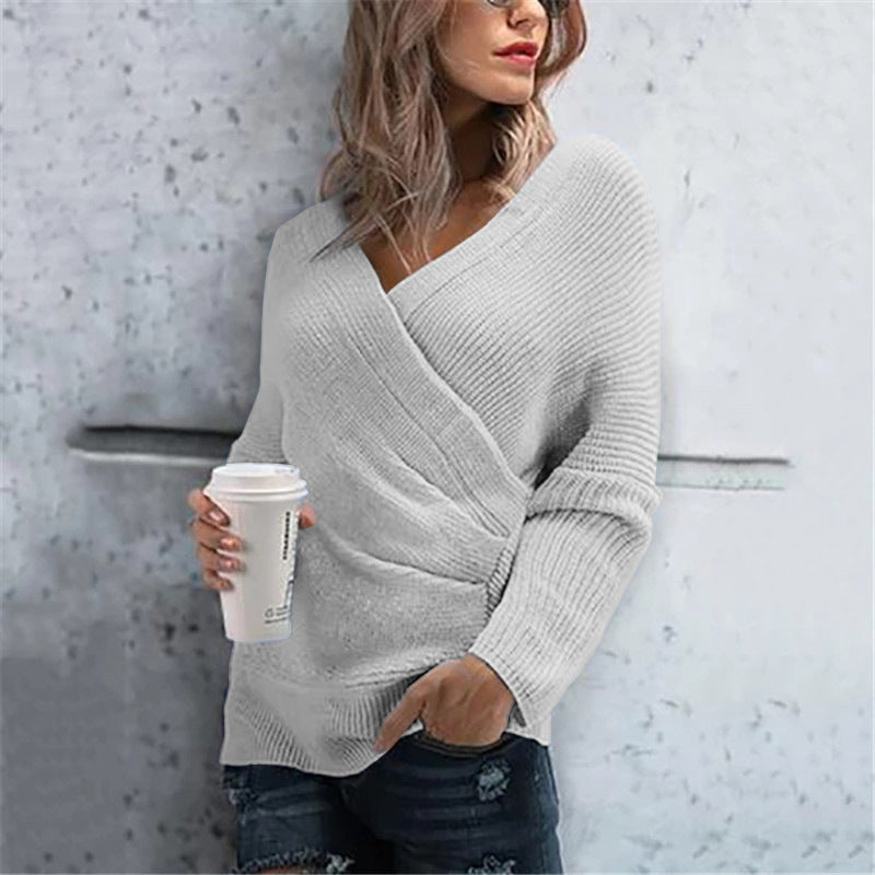 Damen lässiger Wickelpullover mit V-Ausschnitt und strukturierter Maschenoptik Sovae