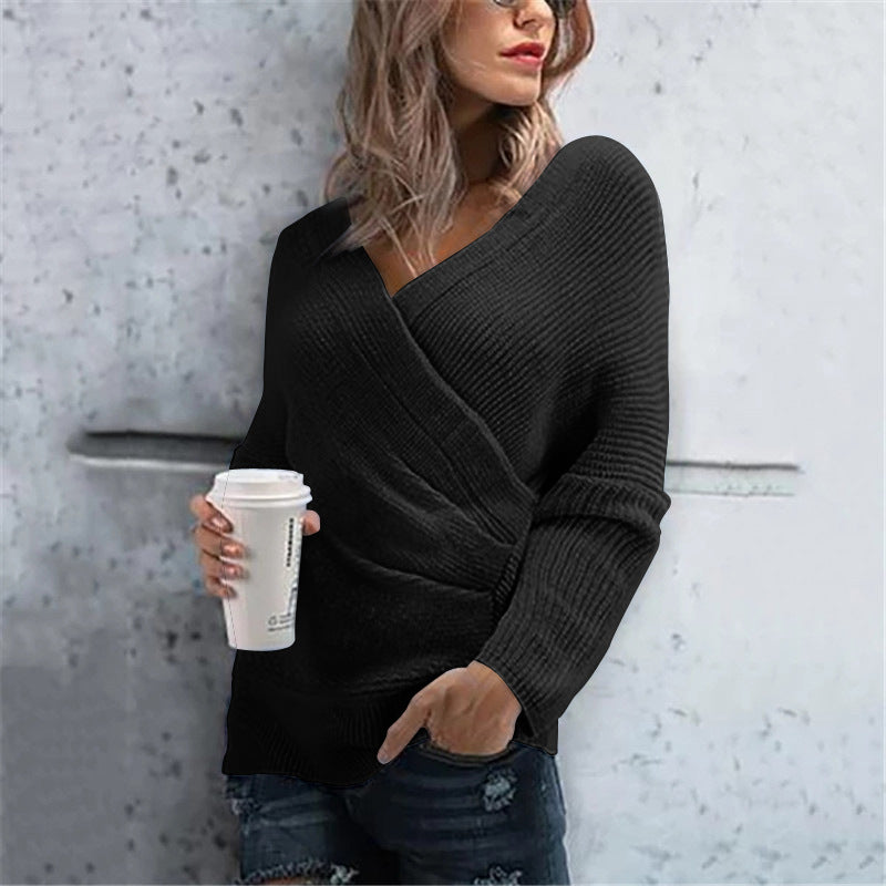 Damen lässiger Wickelpullover mit V-Ausschnitt und strukturierter Maschenoptik Sovae
