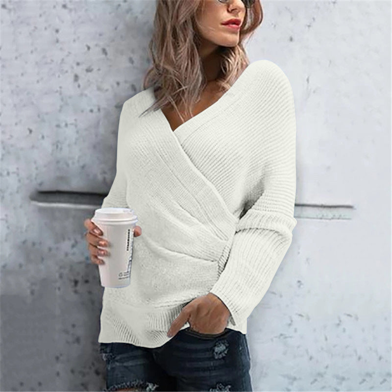 Damen lässiger Wickelpullover mit V-Ausschnitt und strukturierter Maschenoptik Sovae