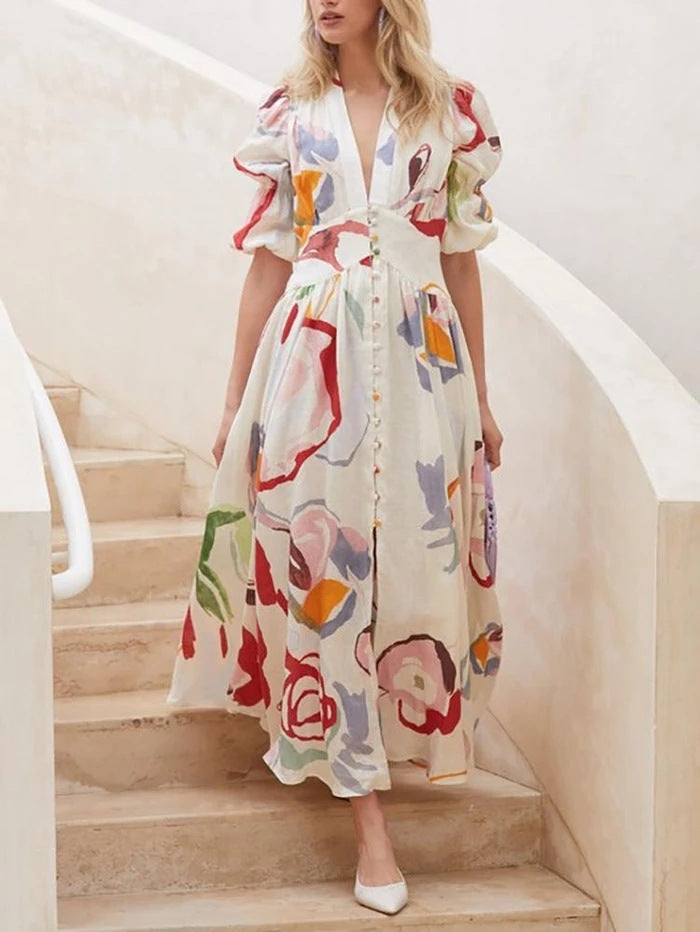 Damen Maxikleid mit voluminösen Ärmeln und floralem Muster Sovae