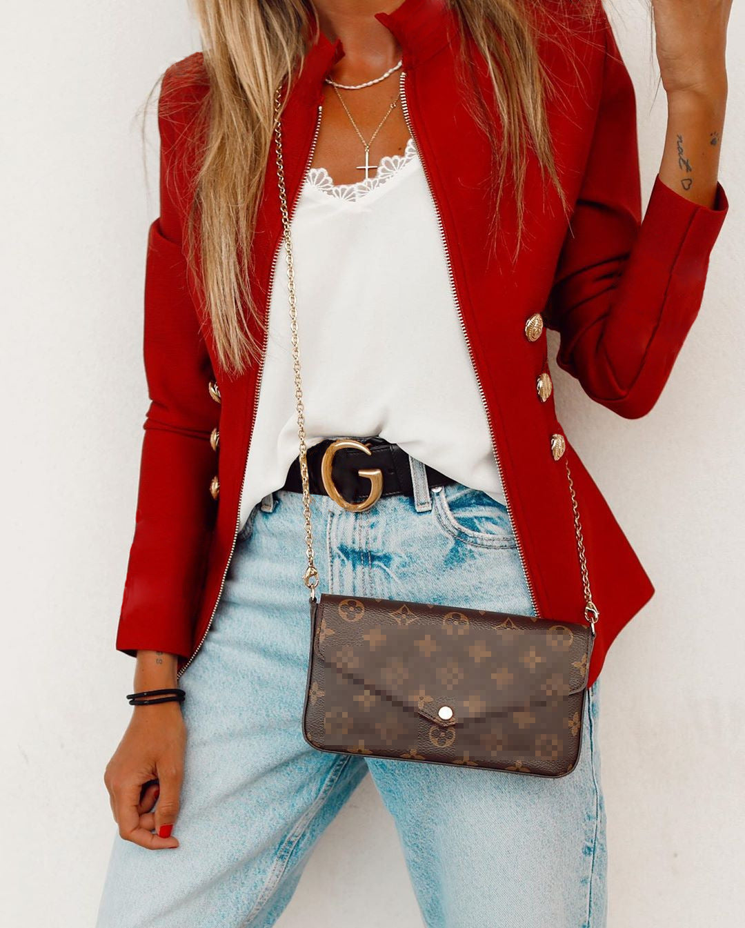 Damen Elegante Blazerjacke mit goldenen Knöpfen und hohem Kragen Sovae