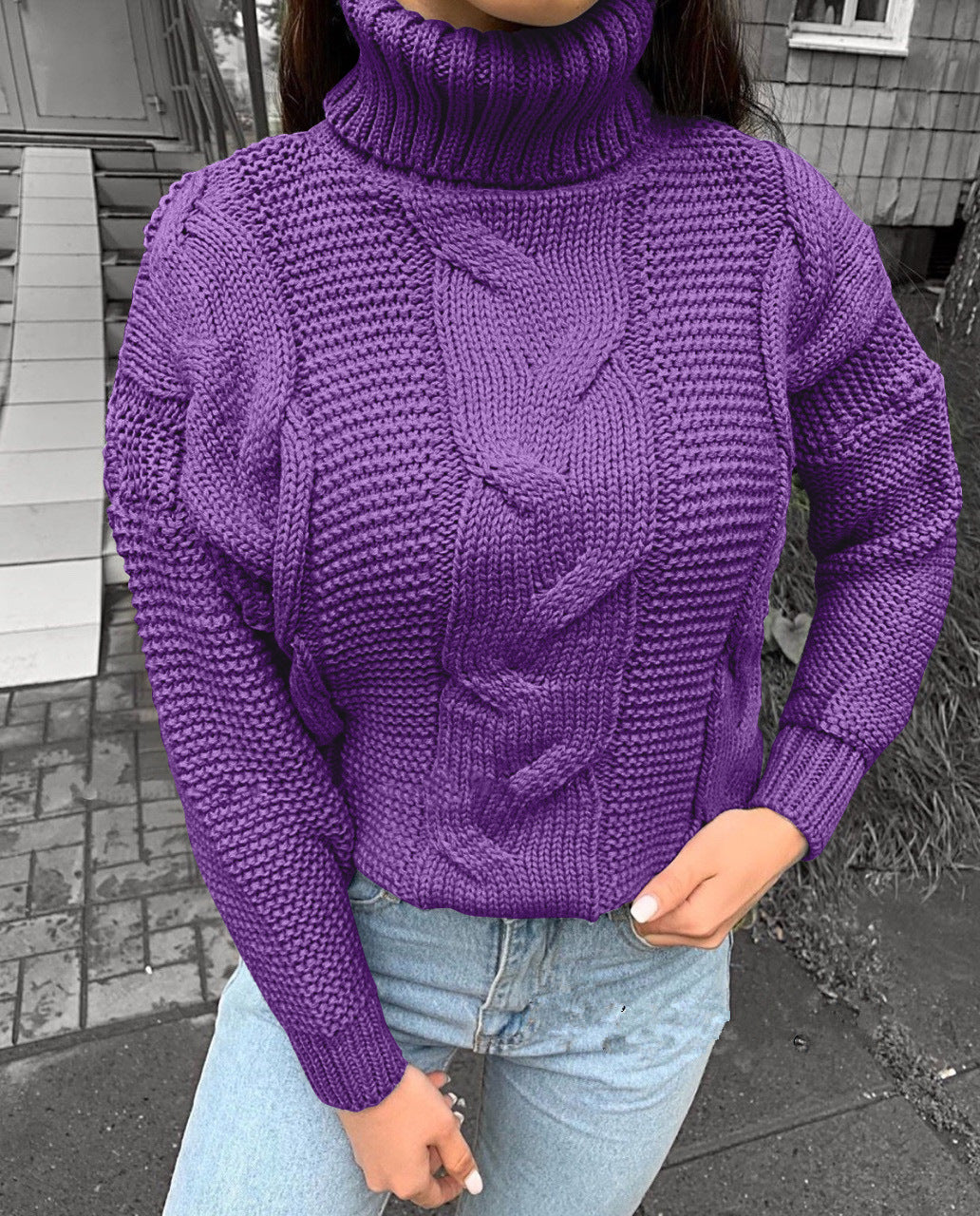 Damen oversized Strickpullover mit hohem Kragen und modischem Zopfmuster Sovae