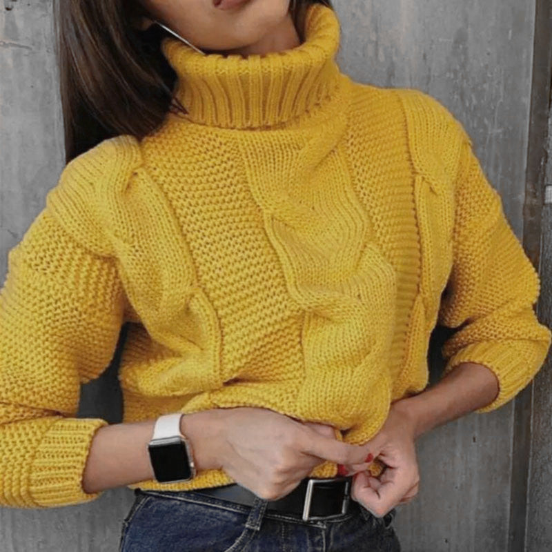 Damen oversized Strickpullover mit hohem Kragen und modischem Zopfmuster Sovae