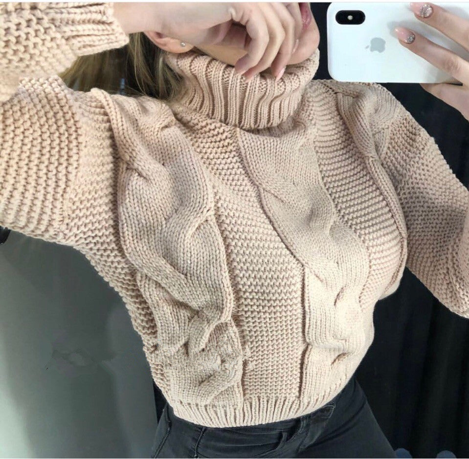 Damen oversized Strickpullover mit hohem Kragen und modischem Zopfmuster Sovae