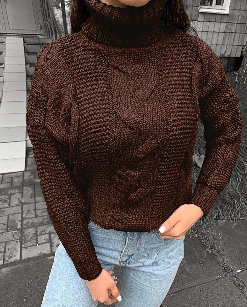 Damen oversized Strickpullover mit hohem Kragen und modischem Zopfmuster Sovae