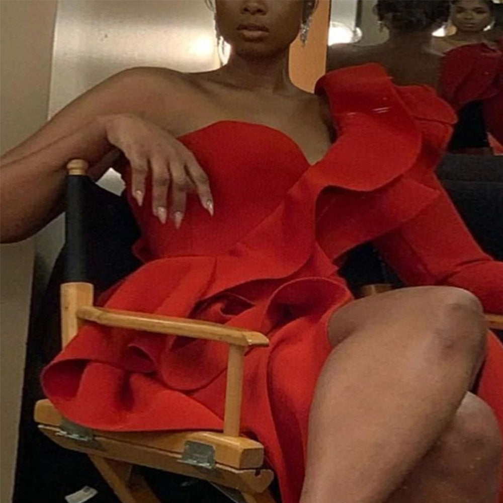 Damen Abendkleid mit asymmetrischem Rüschen-Design und hohem Schlitz Sovae
