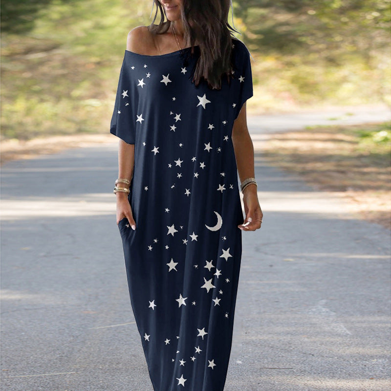 Damen Maxikleid mit schulterfreiem Schnitt und mondbeschichteten Sternen Sovae