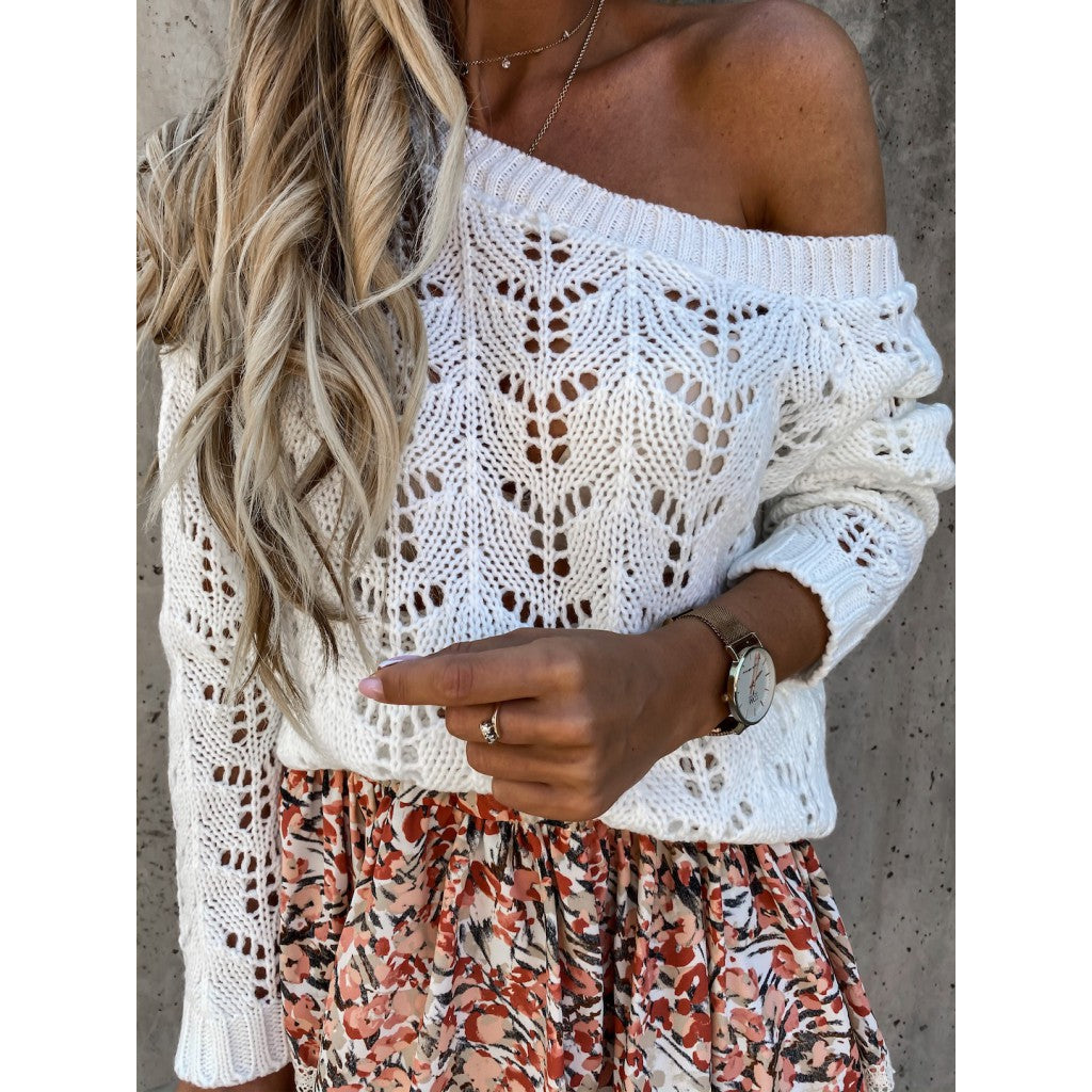 Damen Off-Shoulder Strickpullover mit filigranem Lochmuster Sovae